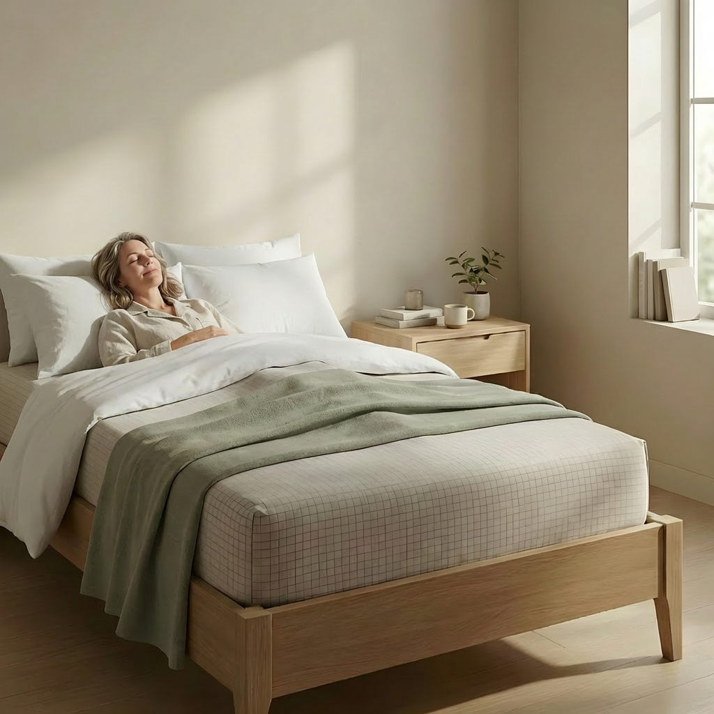 Premium Grounding Fitted Sheet Single sheet on bed showing conductive earthing fabric surface Earthing sheet