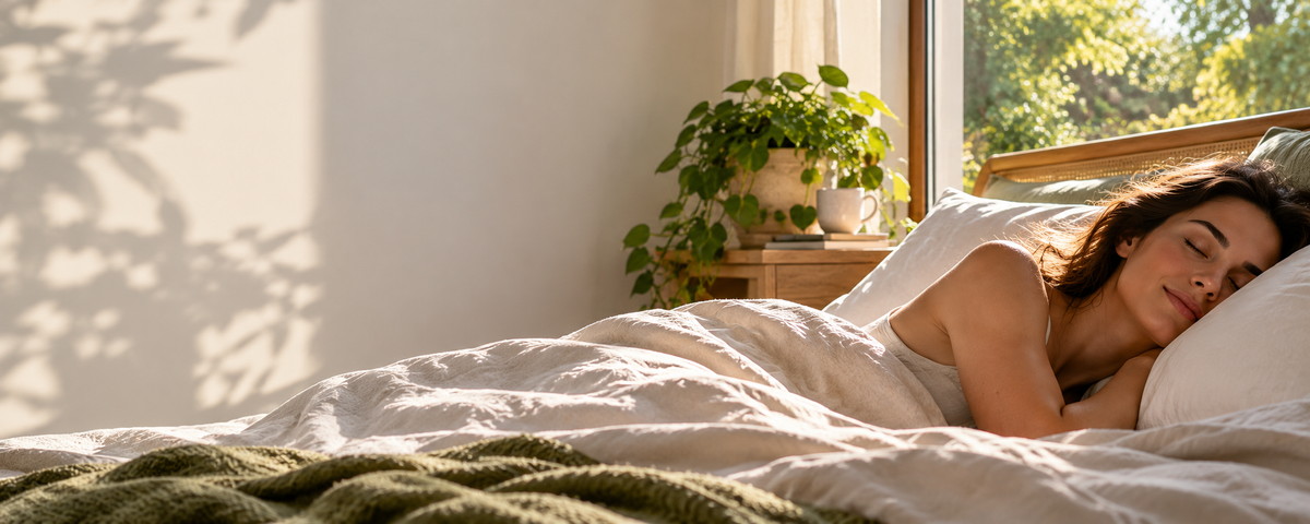 A woman sleeping peacefully in a sunlit bedroom