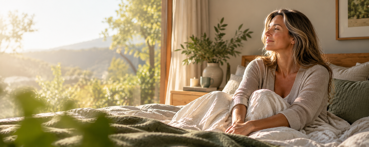 A mature woman relaxing with a warm drink in a sunlit bedroom