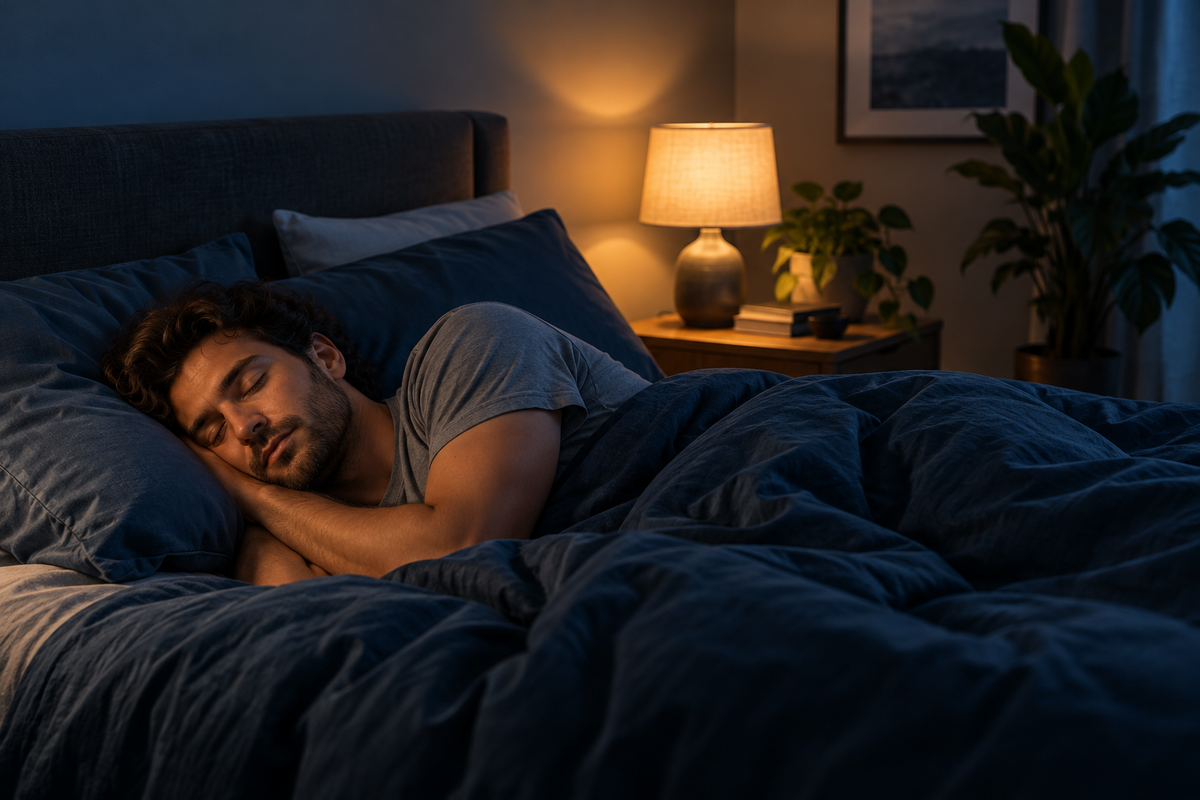A man sleeping peacefully in a calm blue bedroom