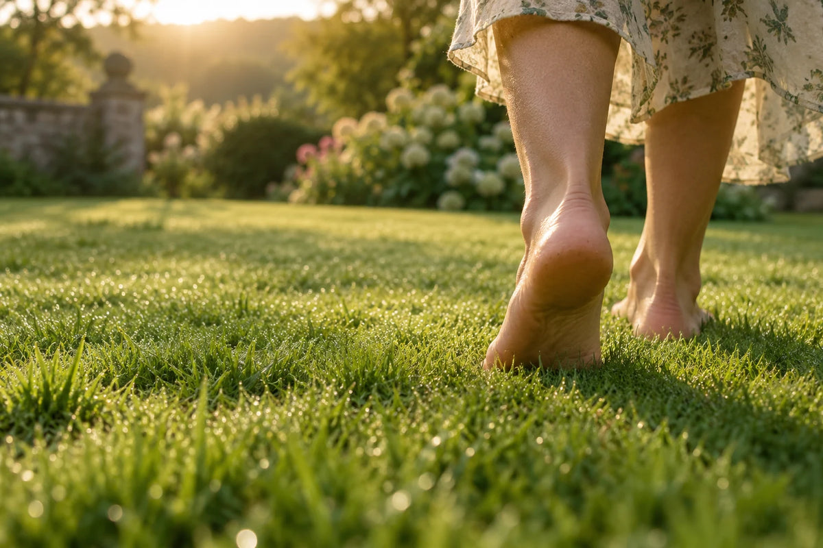 Bare feet touching green grass in warm sunlight