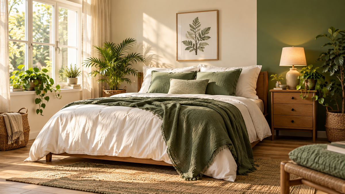 A restful bedroom shaped by natural materials and calm green tones