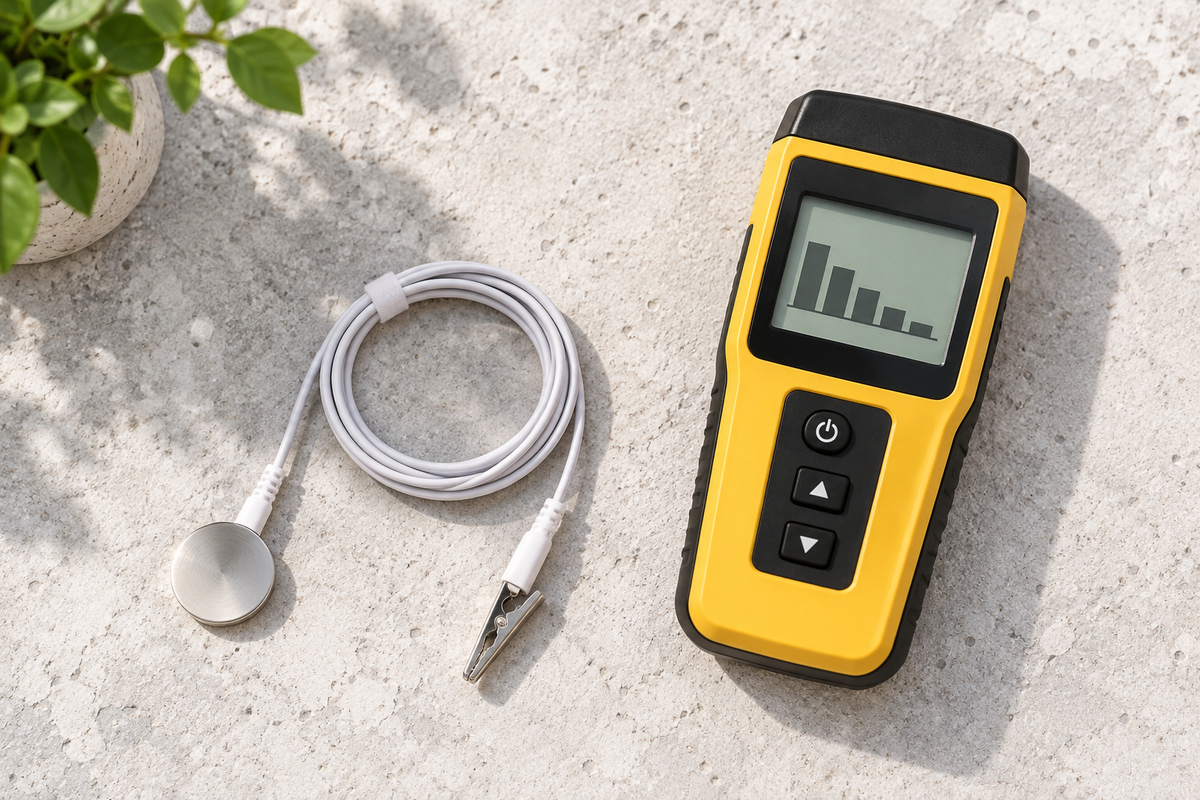 An educational electromagnetic field meter beside a connection lead