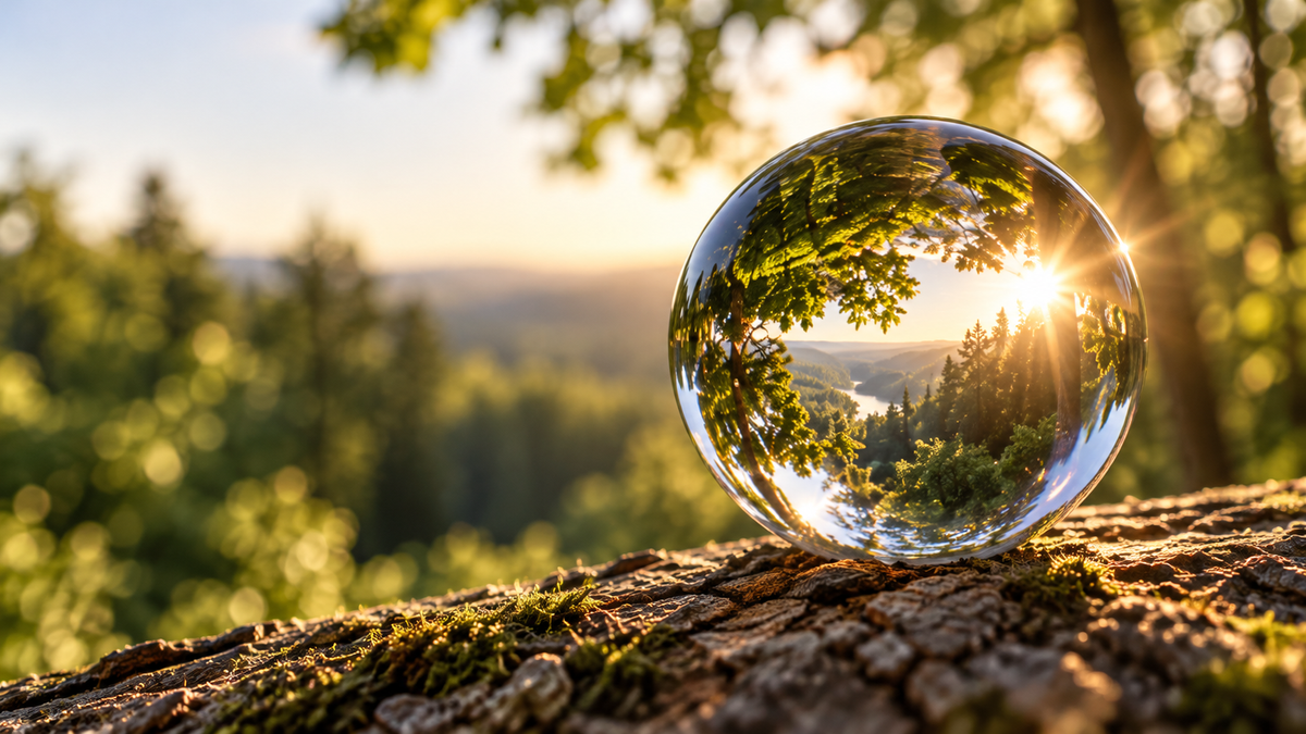 A glass sphere reflecting a sunlit forest