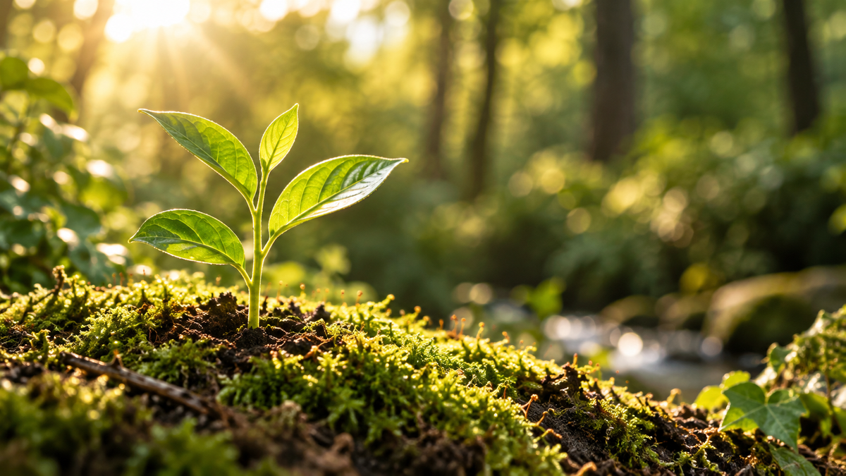 A young seedling growing in sunlit woodland soil